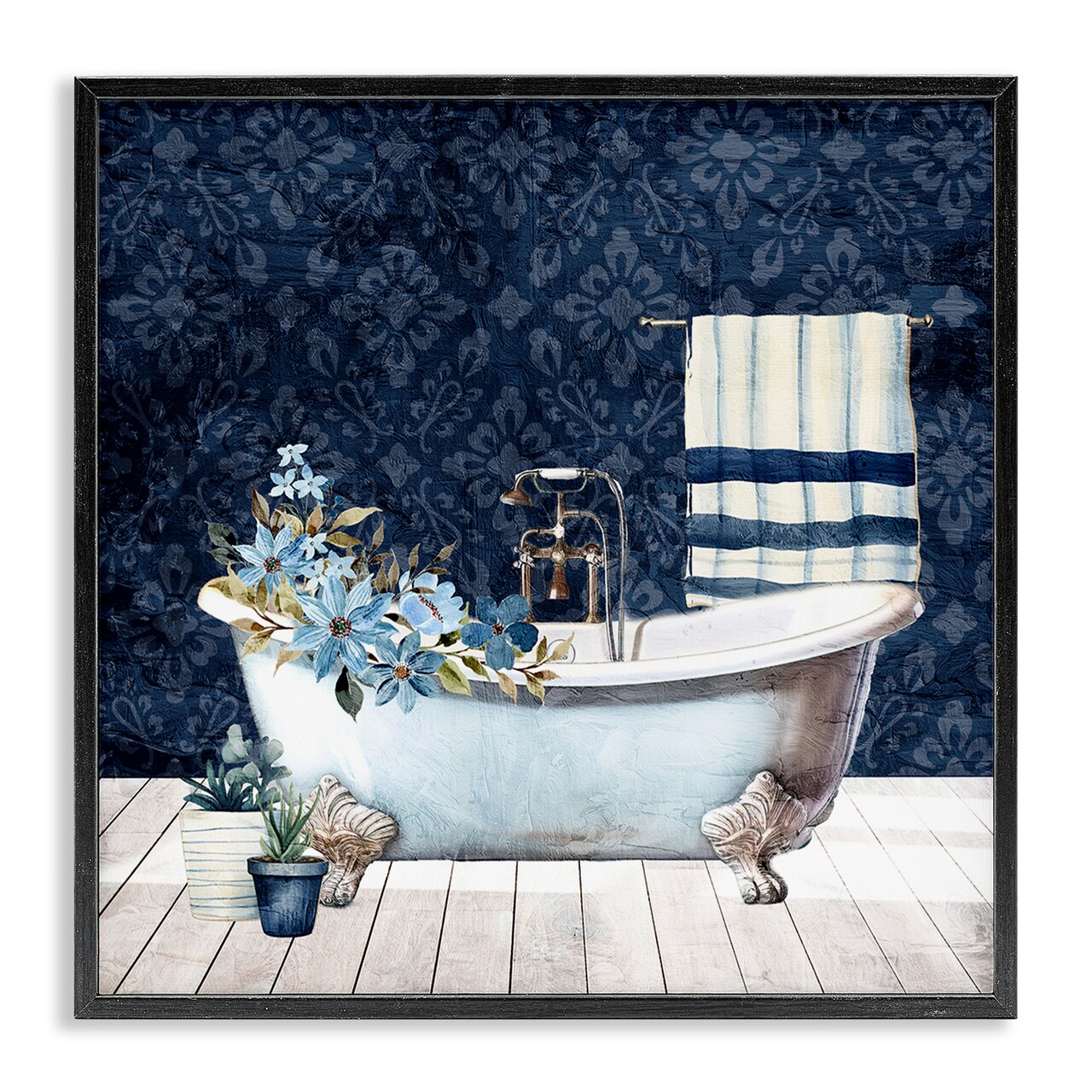 Stupell Industries Blue Damask Bathroom Framed Giclee Wall Art Design by Kim Allen